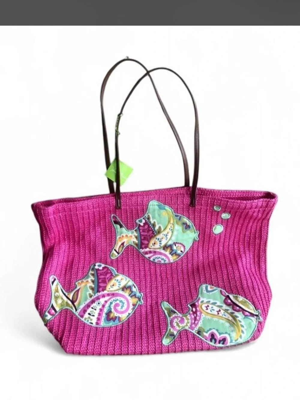Vera Bradley Fuchsia Woven Tote with Paisley Fish Appliqués
